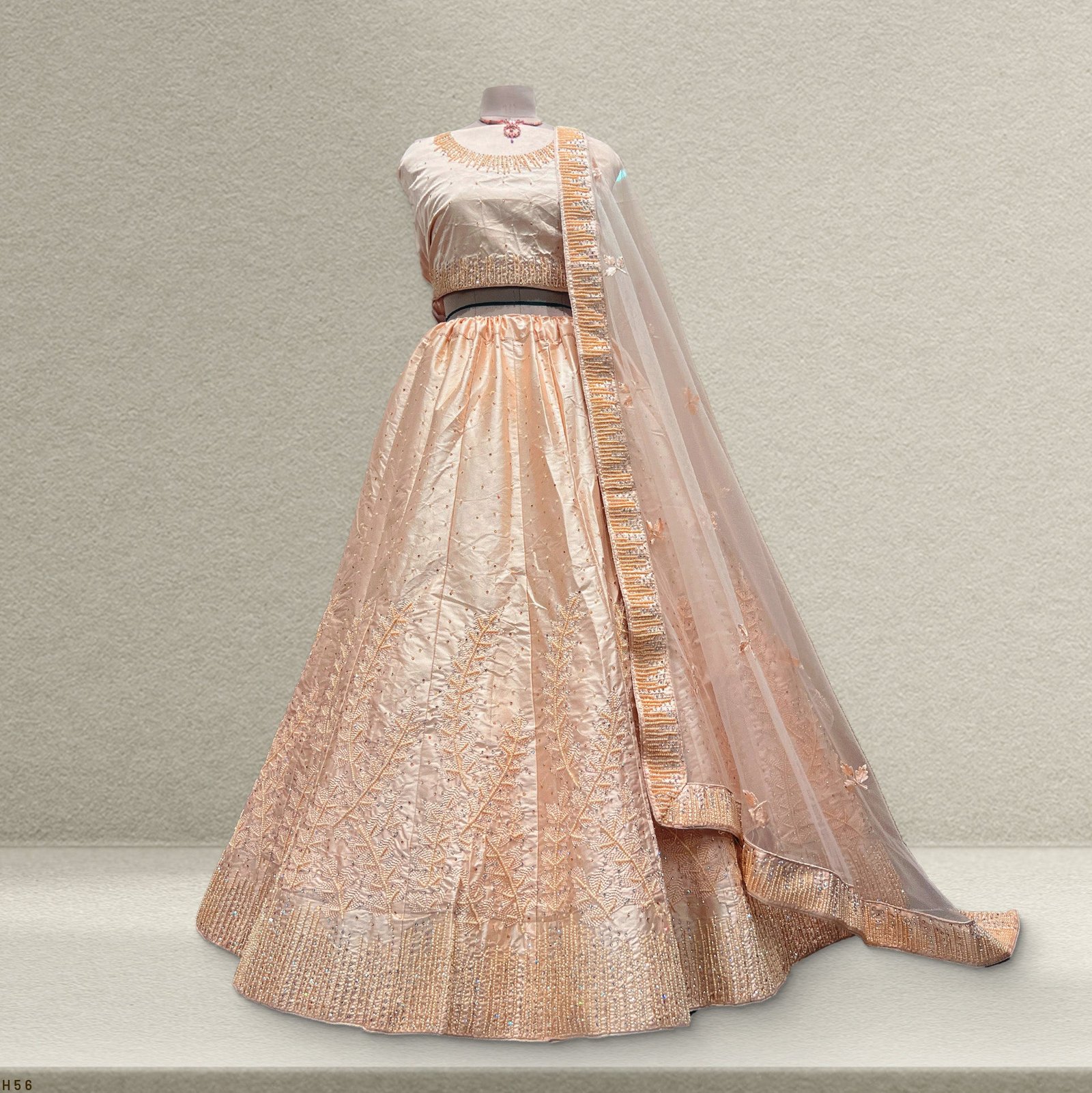 Aisha - Silk Moti Handwork Monotone Peach Color Sider Lehenga