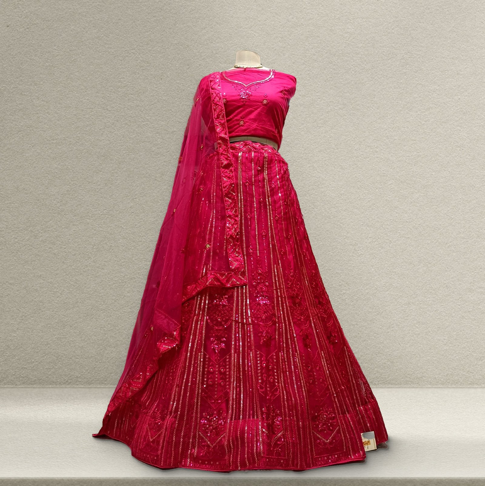 Aisha - Soft Net Sequins Work Monotone Partywear Sider Lehenga - Pink