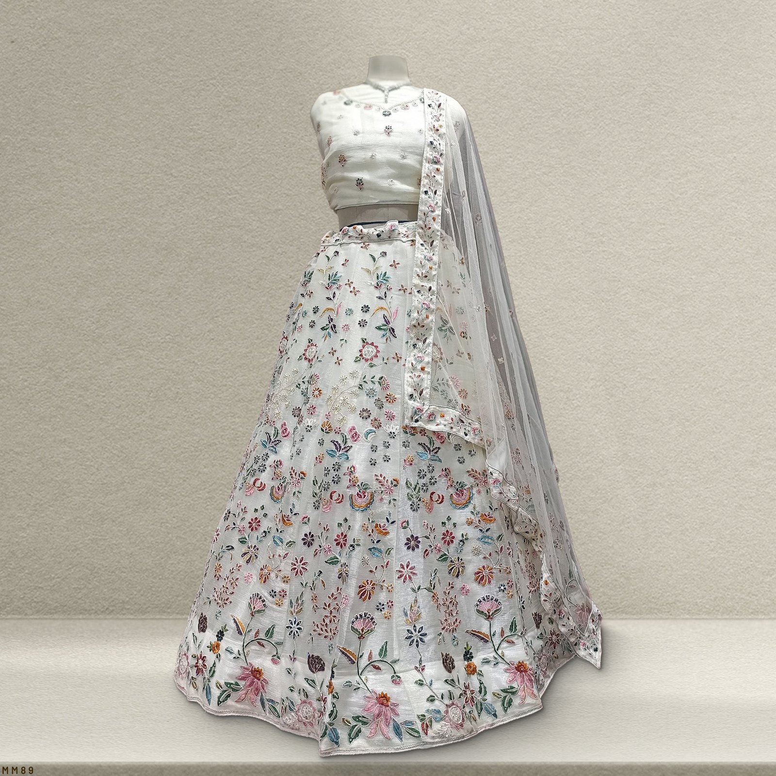 Aisha - Soft Net Threadwork White Partywear Lehenga