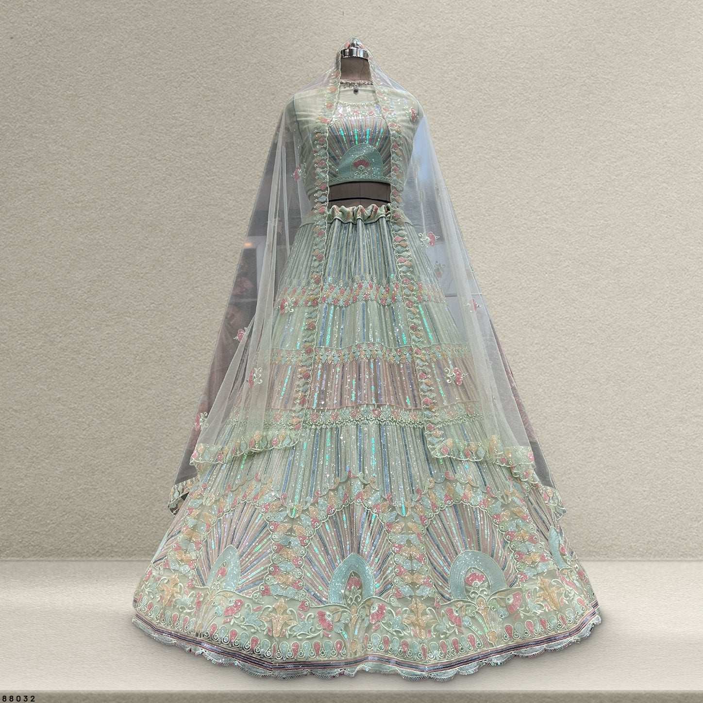 Butterfly - Partywear Soft Green Sequins Flared Lehenga