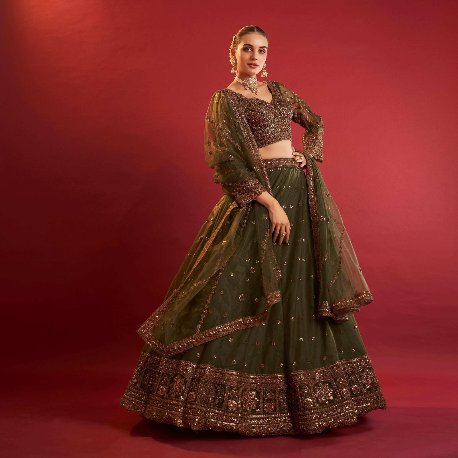 Celestial Collection: Ready-to-Wear Reception and Sangeet Partywear Lehengas Bottle Green