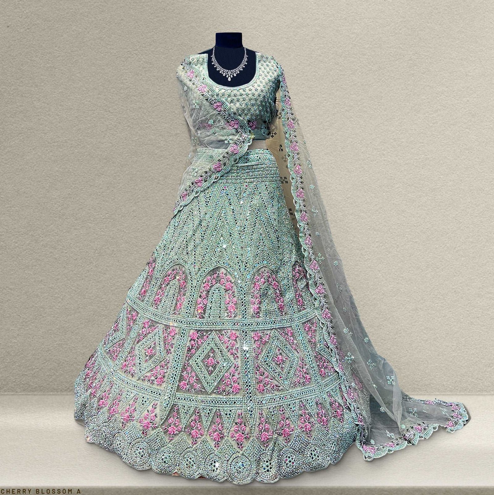 Cherry Blossom A - The Heavy Zircon Net Designer Lehenga