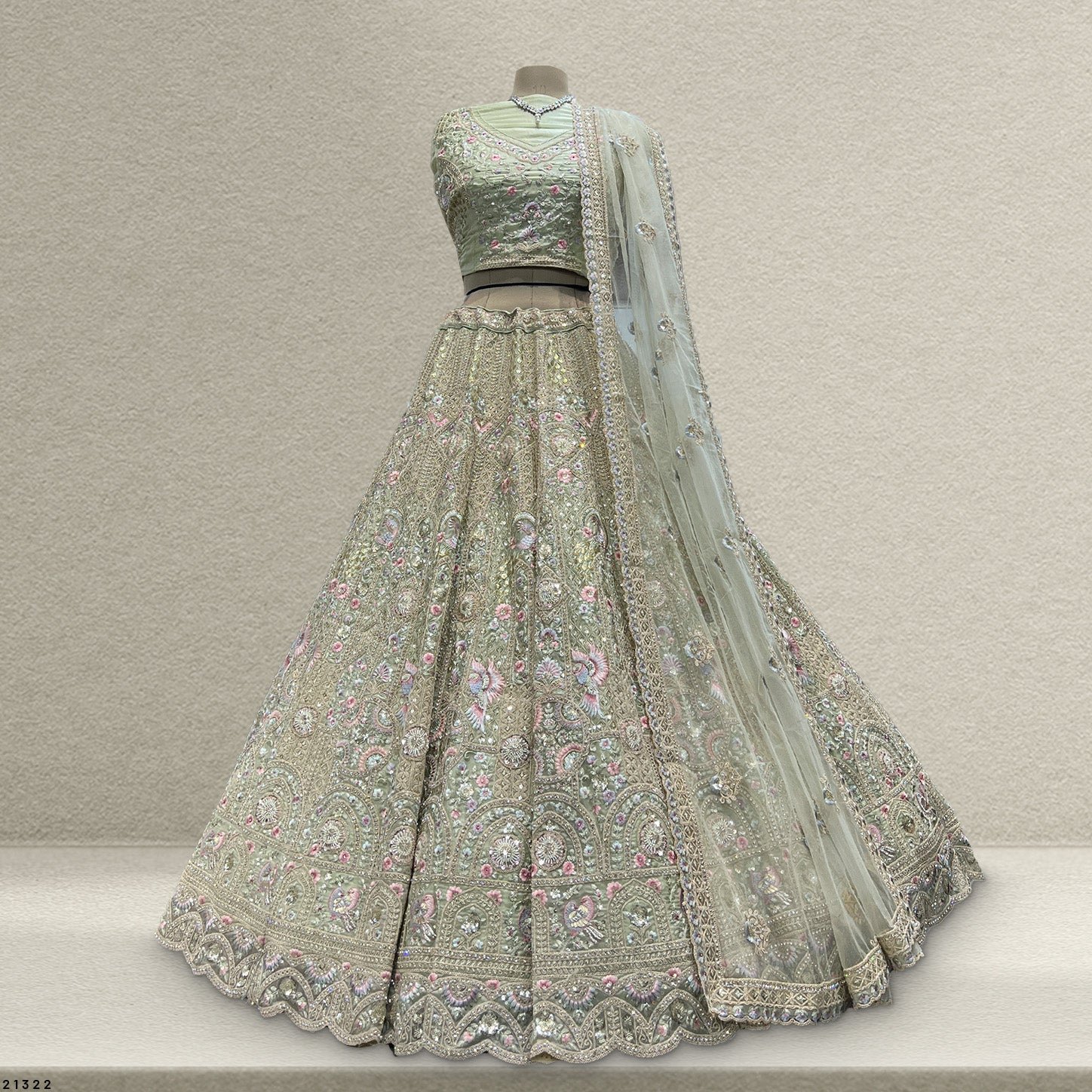 Cherry Blossom - Big Flair Flowy Reception Engagement Lehenga Pistachio Color