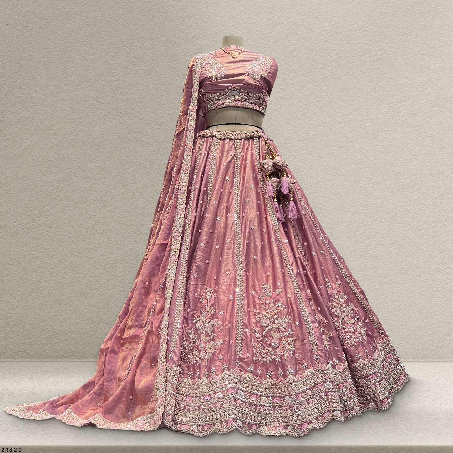 Cherry Blossom -  Modern Minimal Boota Pattern Pastel Handwork Lehenga Rose Gold