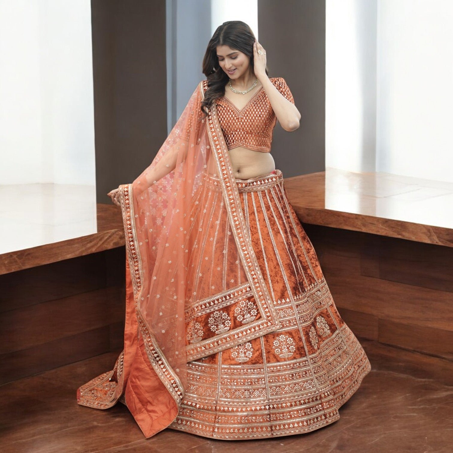 Damsel - 18 Kali Designer Velvet Bollywood Replica Lehenga Rust Orange