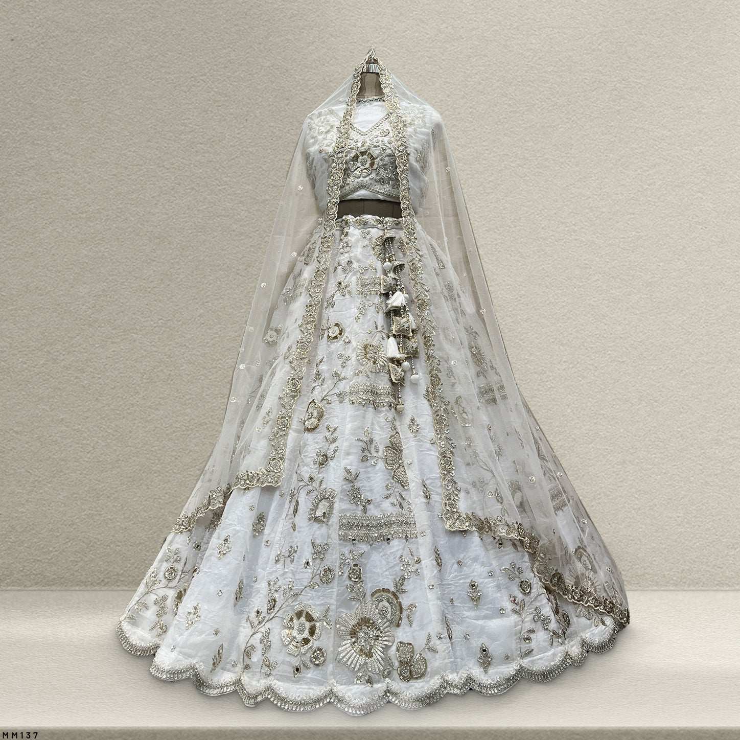 Damsel - Crystal Organza Lehenga Embellished Gorgeous Zari Work White