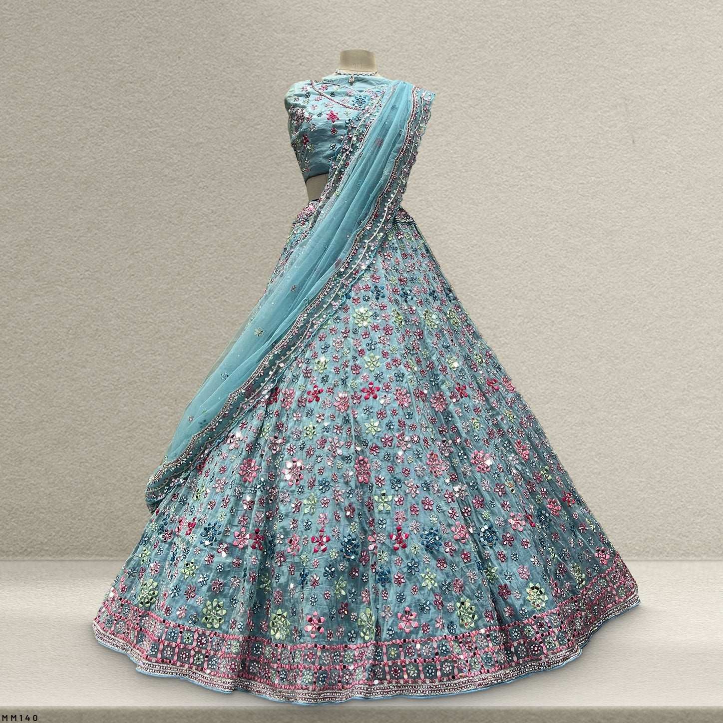 Damsel - Crystal Organza Multicolor Mirror Handwork Lehenga Aqua