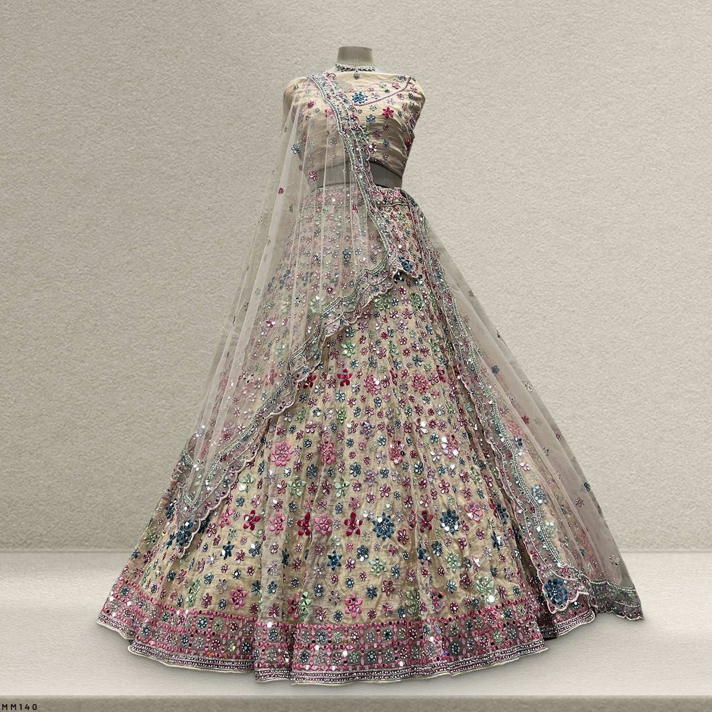 Damsel - Crystal Organza Multicolor Mirror Handwork Lehenga Coral