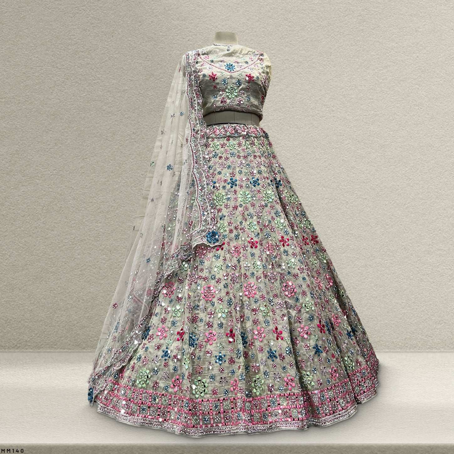 Damsel - Crystal Organza Multicolor Mirror Handwork Lehenga Sage Green