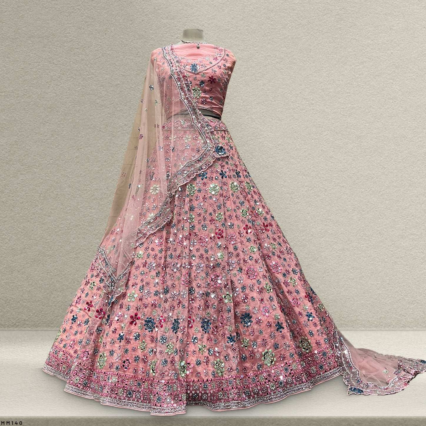 Damsel - Crystal Organza Multicolor Mirror Handwork Lehenga Soft Pink