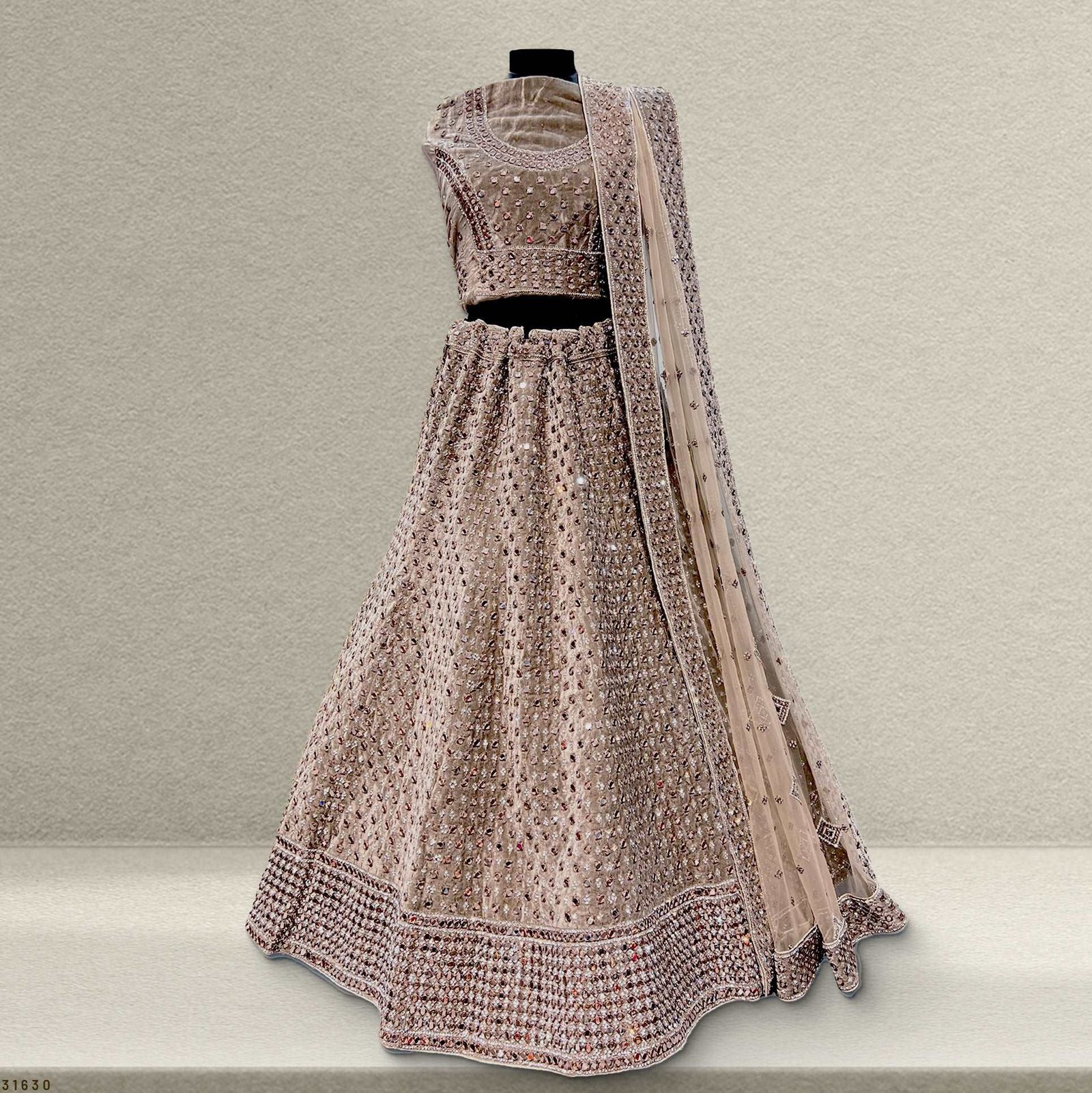 Damsel - Mirror Handwork Metallic Grey Designer Velvet Lehenga