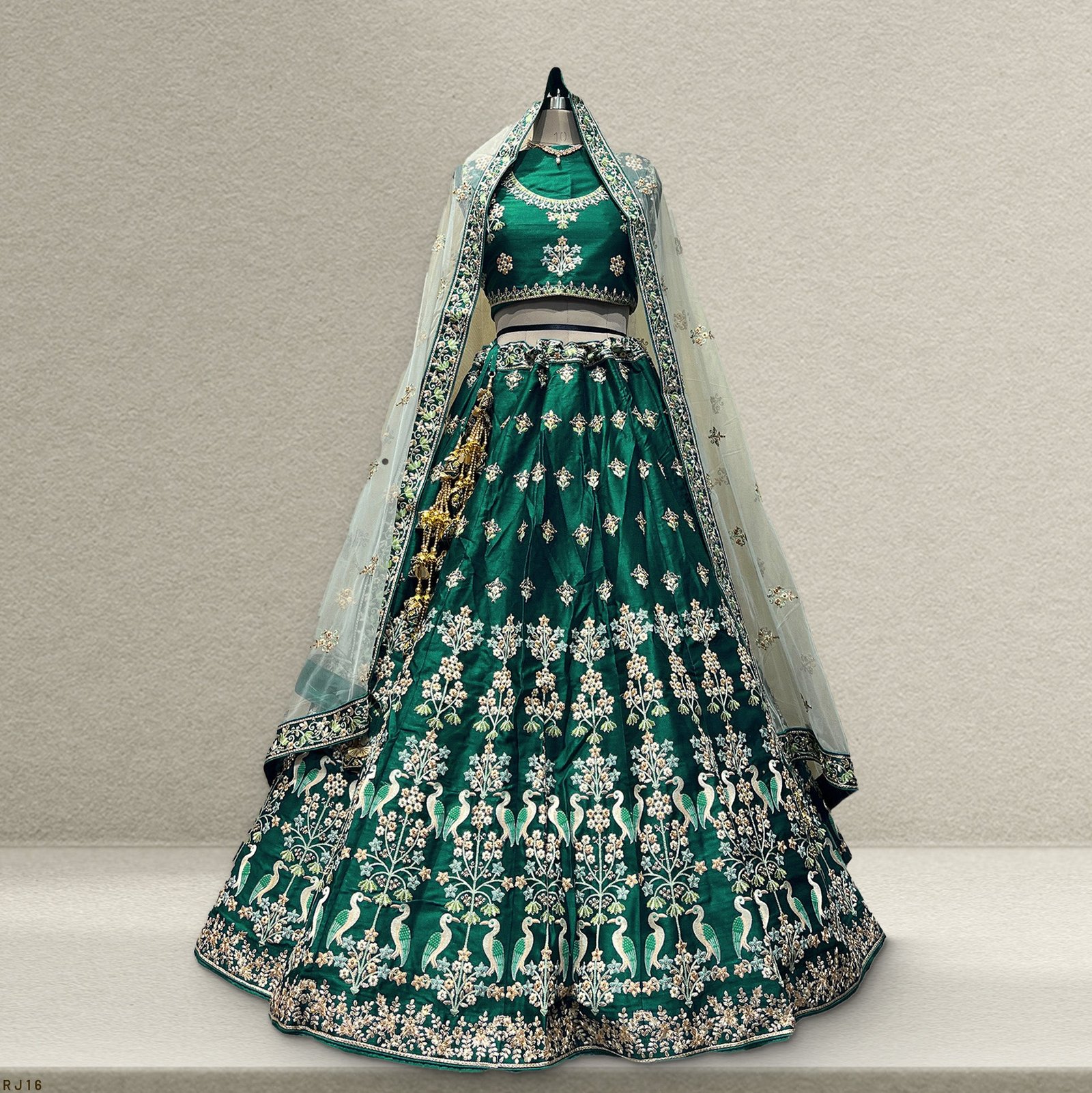 Damsel - Threadwork Deep Green Raw Silk Lehenga