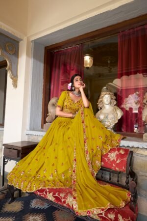 Doli - Georgette Sequins and Thread Embroidery Work Mustard Lehenga Choli Set