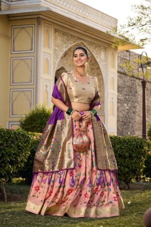 Doli - Jacquard Silk Weaving Zari Work Peach Lehenga Choli Set
