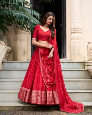 Doli - Plain With Weaving And Intricate Zari Work Border Red Lehenga Choli
