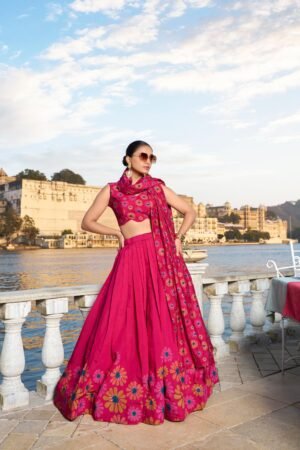 Doli - Tussar Silk Floral Print with Foil Work Pink Lehenga Choli Set