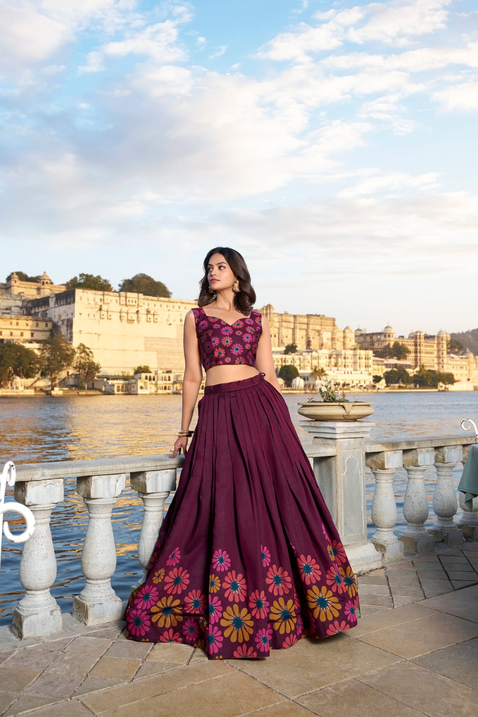 Doli - Tussar Silk Floral Print with Foil Work Wine Lehenga Choli Set