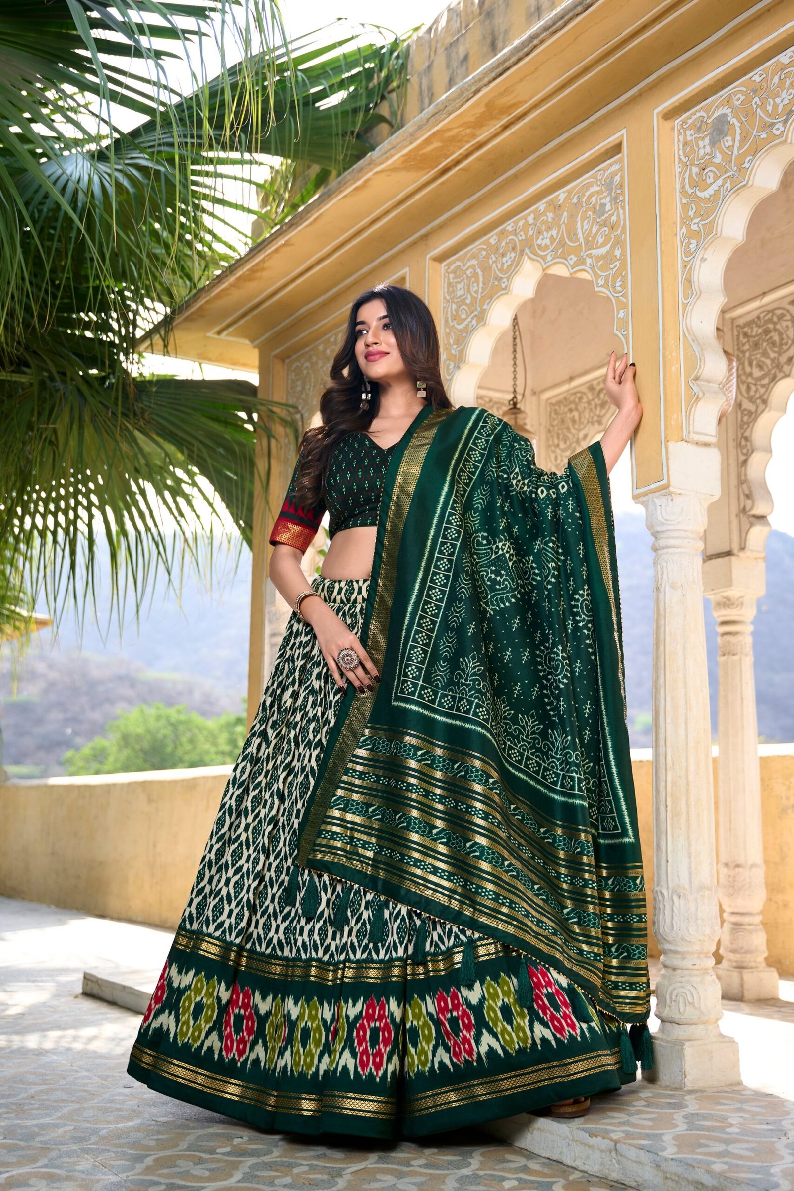 Doli - Tussar Silk Ikkat Print with Foil Work Green Lehenga Choli Set