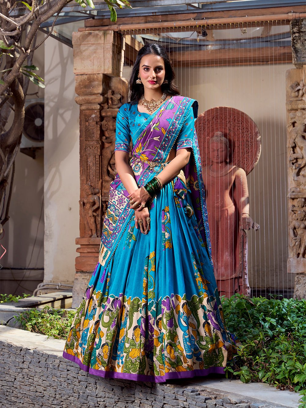 Doli - Tussar Silk Kalamkari with Foil Work Ferozi Lehenga Choli Set