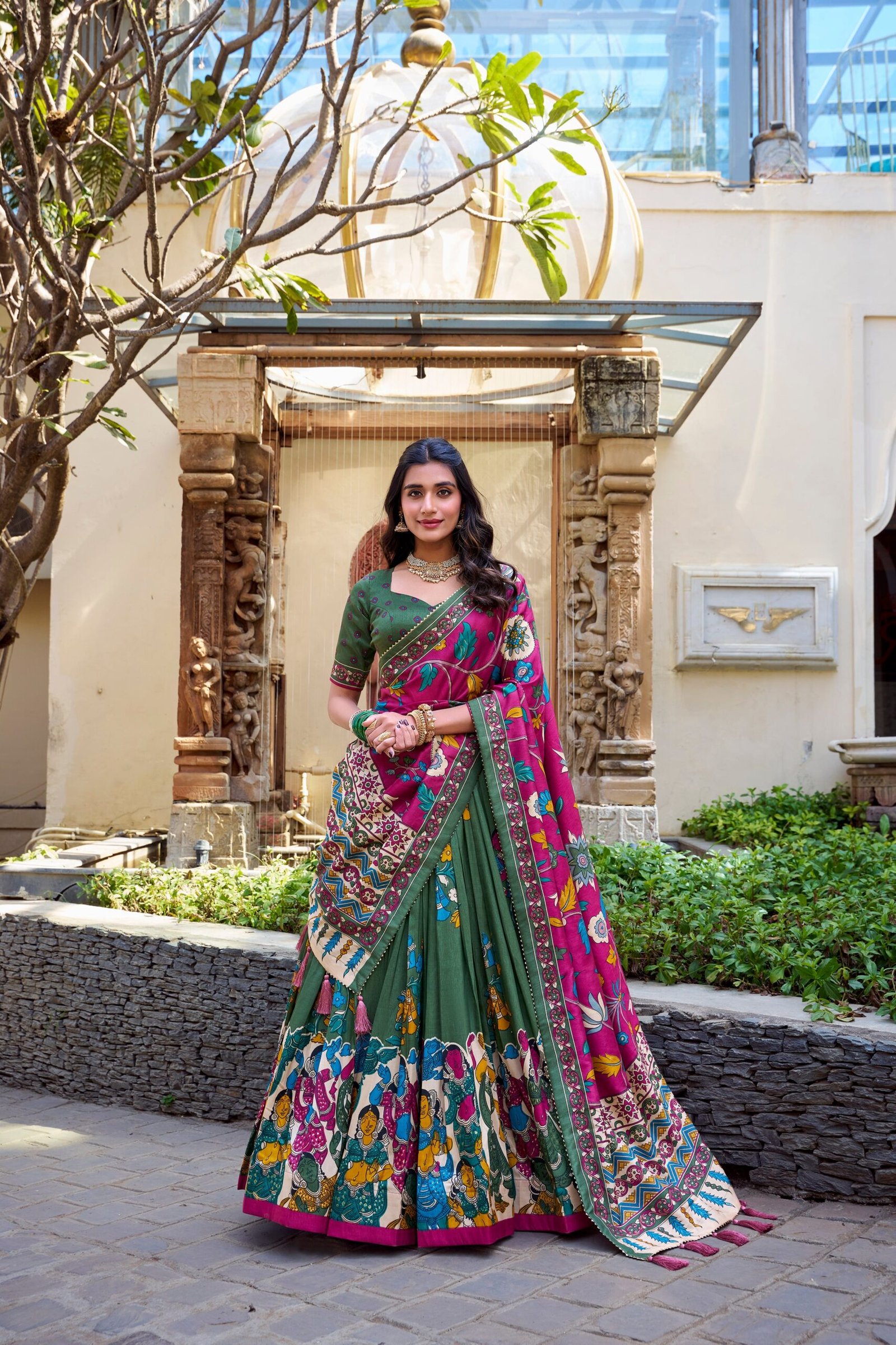 Doli - Tussar Silk Kalamkari with Foil Work Mehndi Lehenga Choli Set