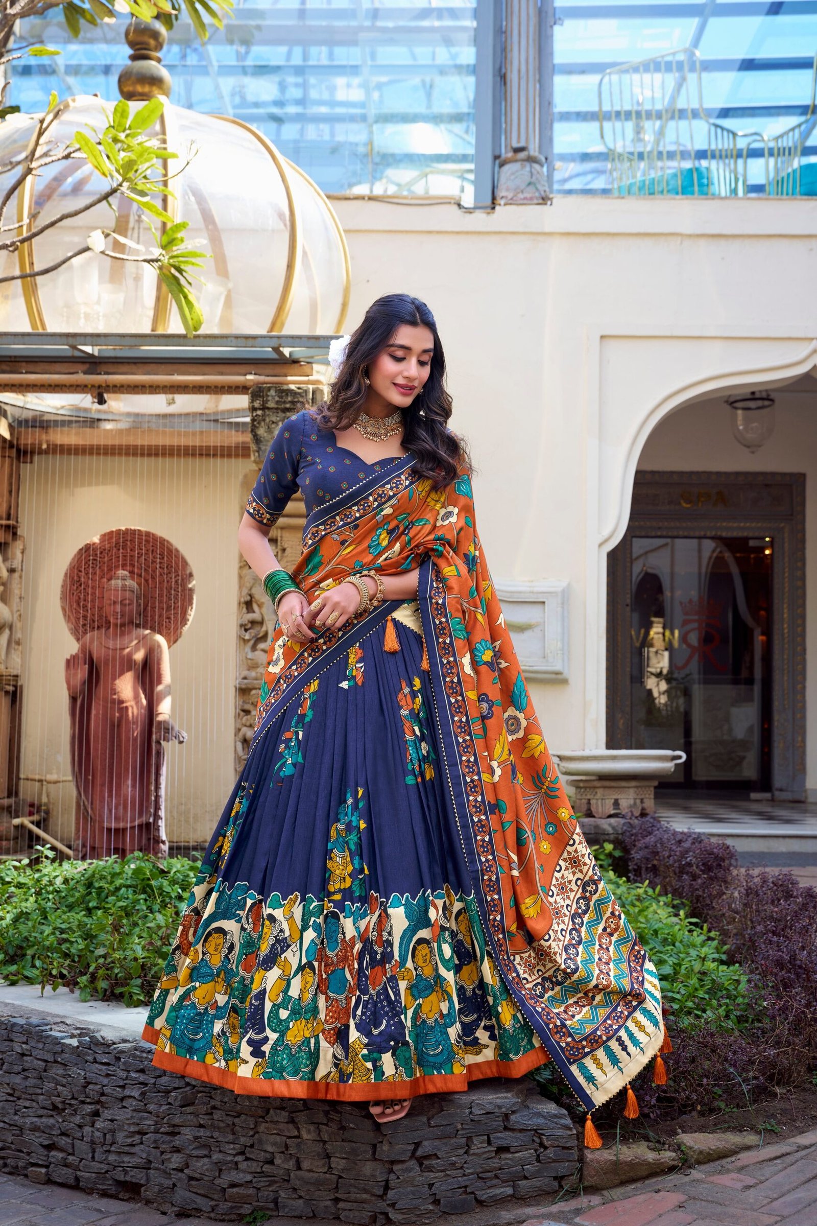 Doli - Tussar Silk Kalamkari with Foil Work Navy Blue Lehenga Choli Set