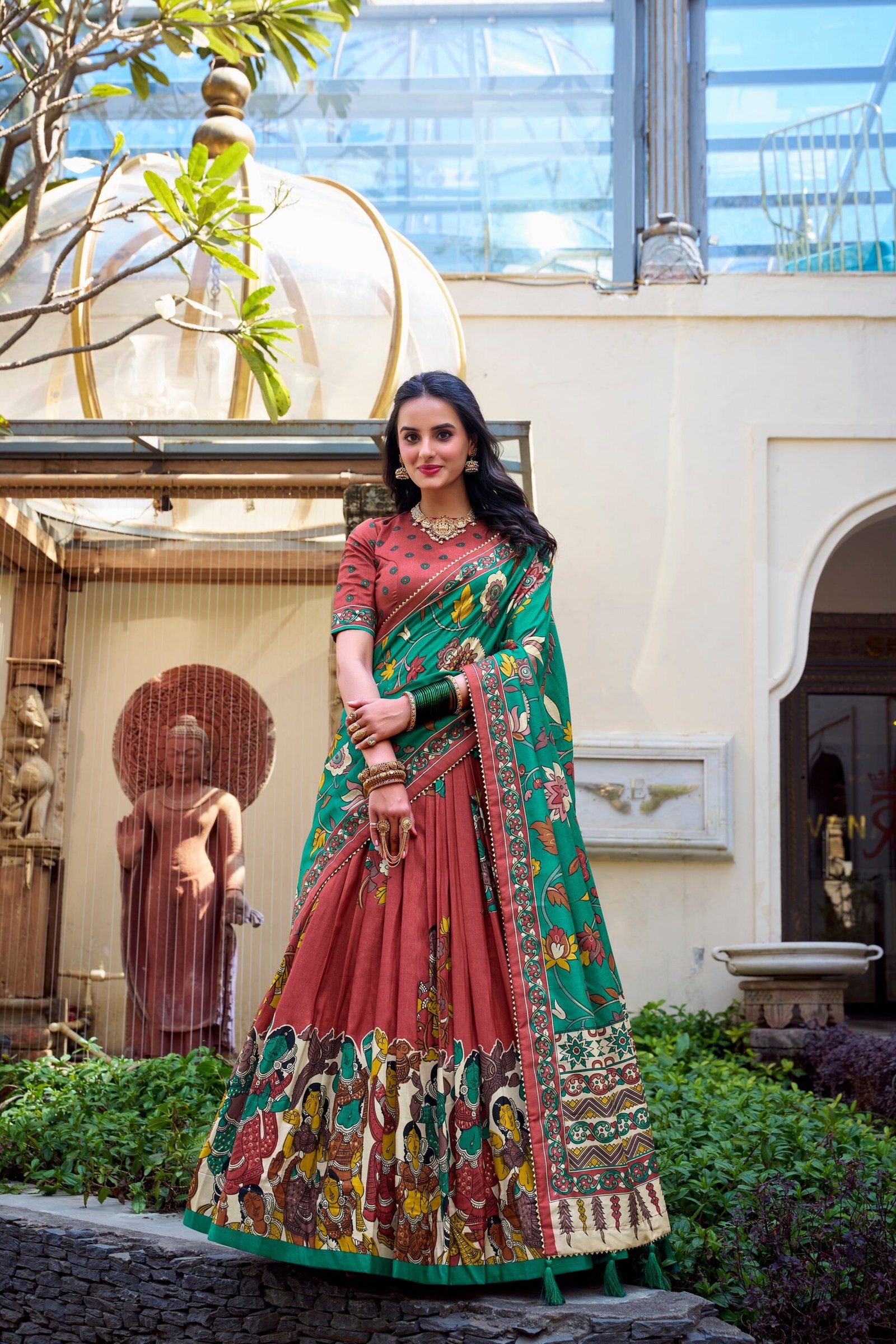 Doli - Tussar Silk Kalamkari with Foil Work Salmon Lehenga Choli Set