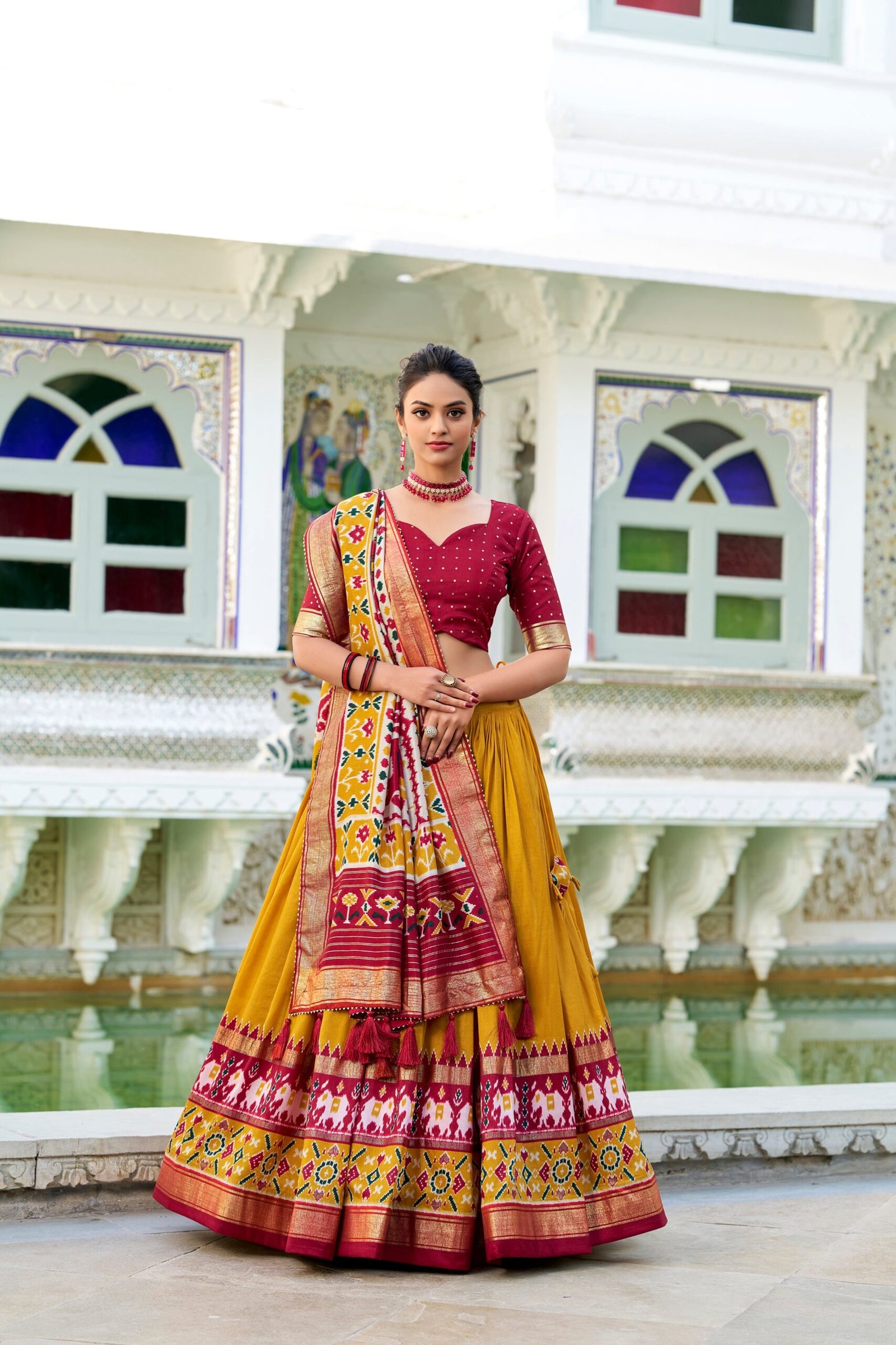 Doli - Tussar Silk Patola Print with Foil Work Mustard Lehenga Choli Set