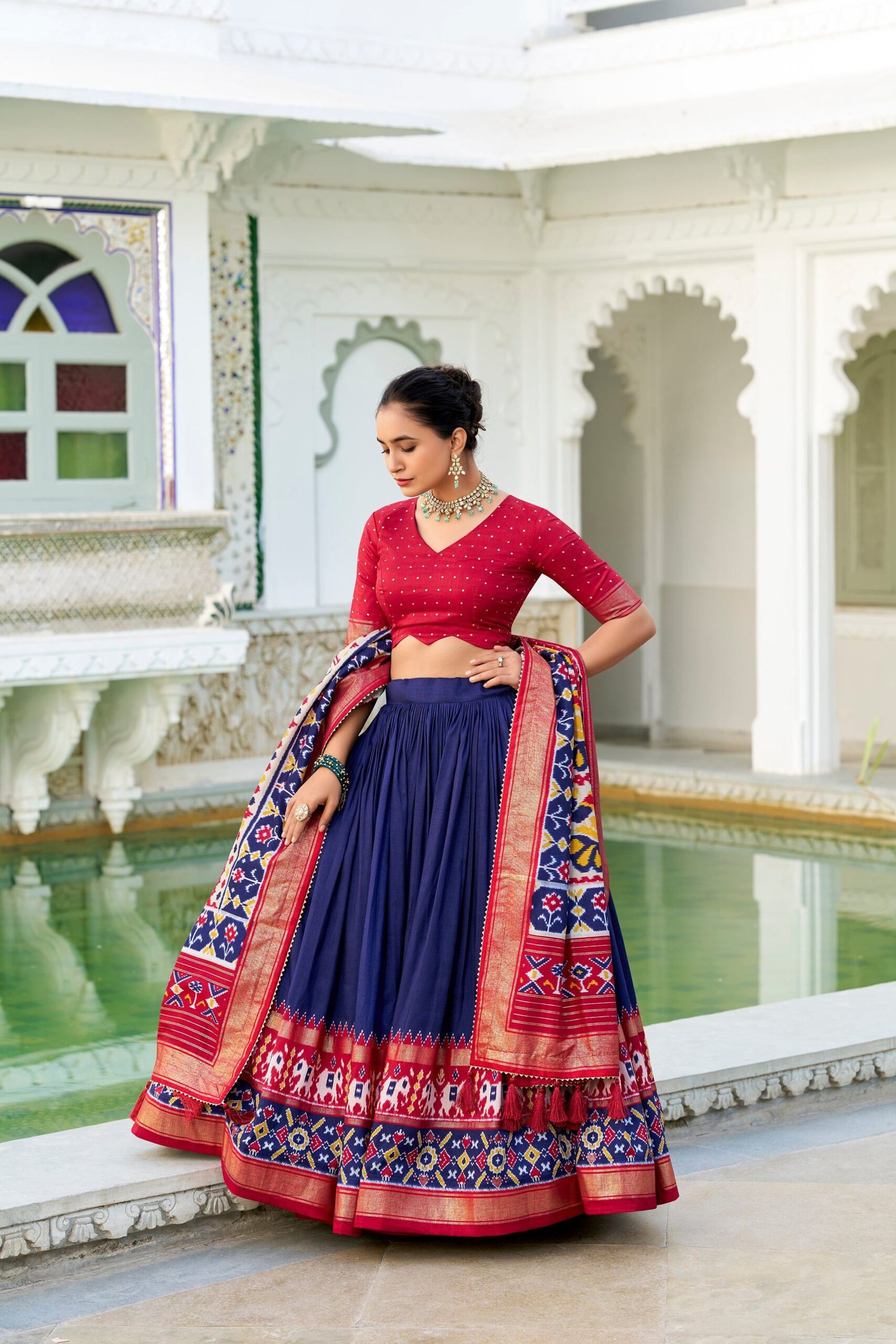 Doli - Tussar Silk Patola Print with Foil Work Navy Blue Lehenga Choli Set
