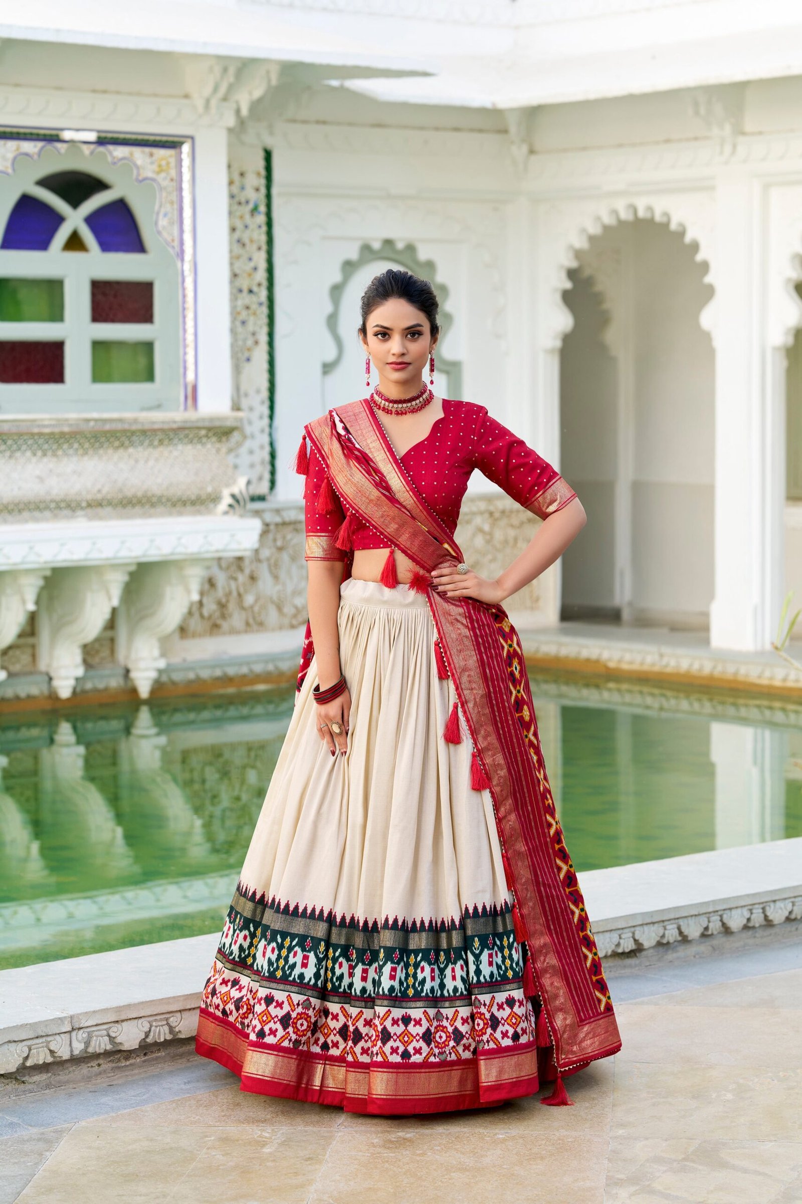 Doli - Tussar Silk Patola Print with Foil Work Off White Lehenga Choli Set