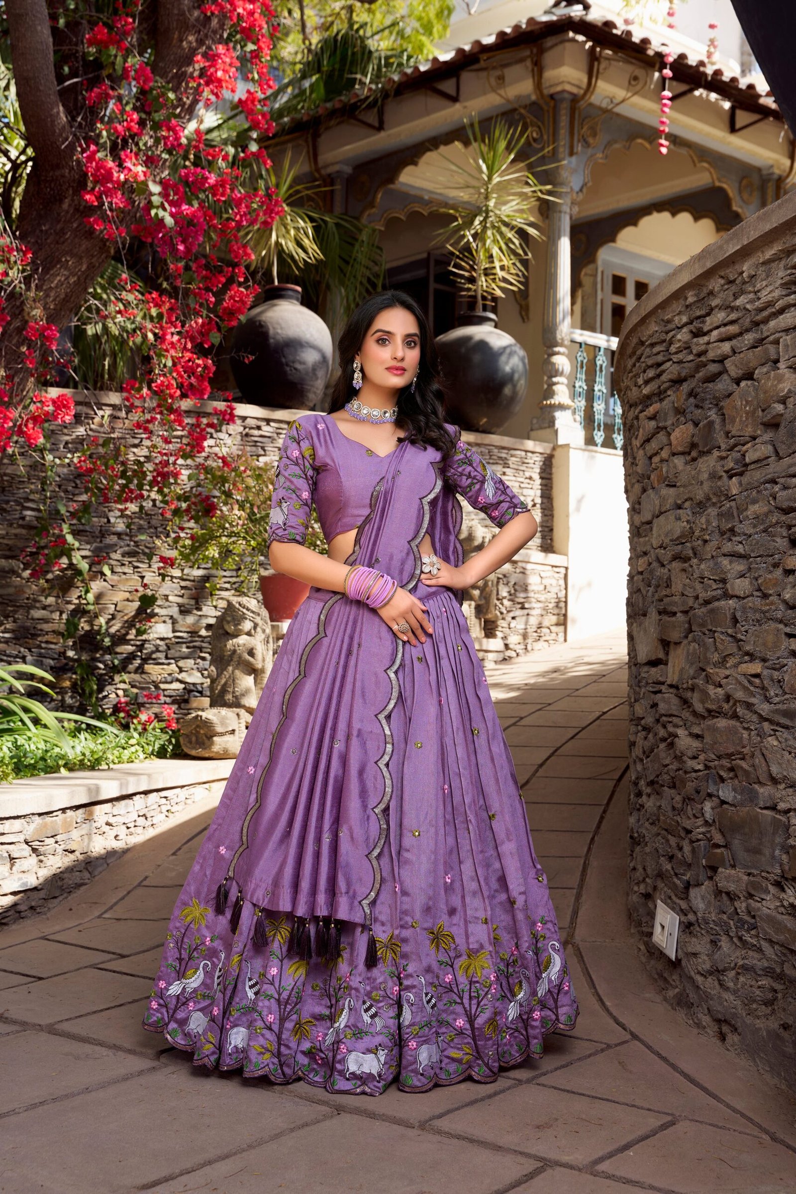Doli - Vichitra Shimmer Sequins and Thread Embroidery Work Lavender Lehenga Choli