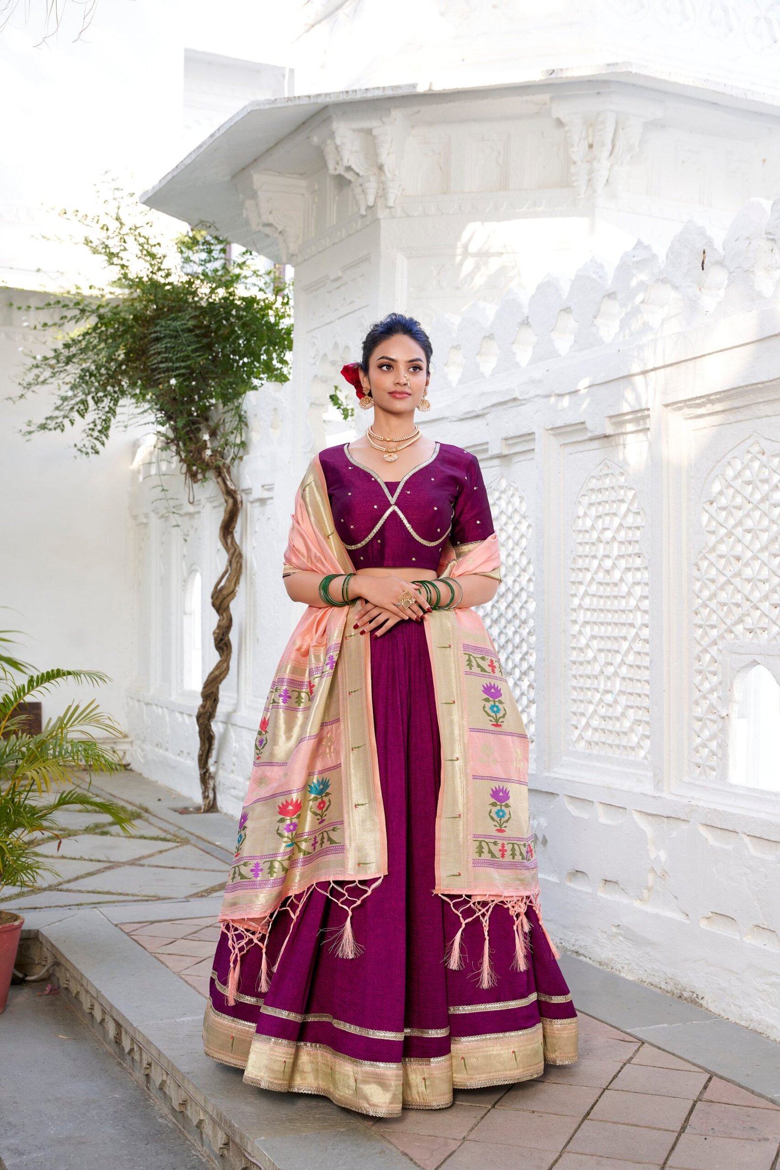 Doli - Vichitra Silk Plain with Paithni Lace Border Wine Lehenga Choli set