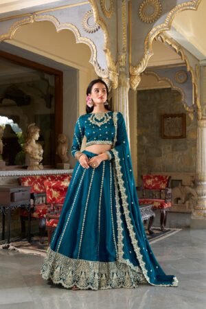 Doli - Vichitra Silk Sequins and Thread Embroidery Work Ferozi Lehenga Choli Set