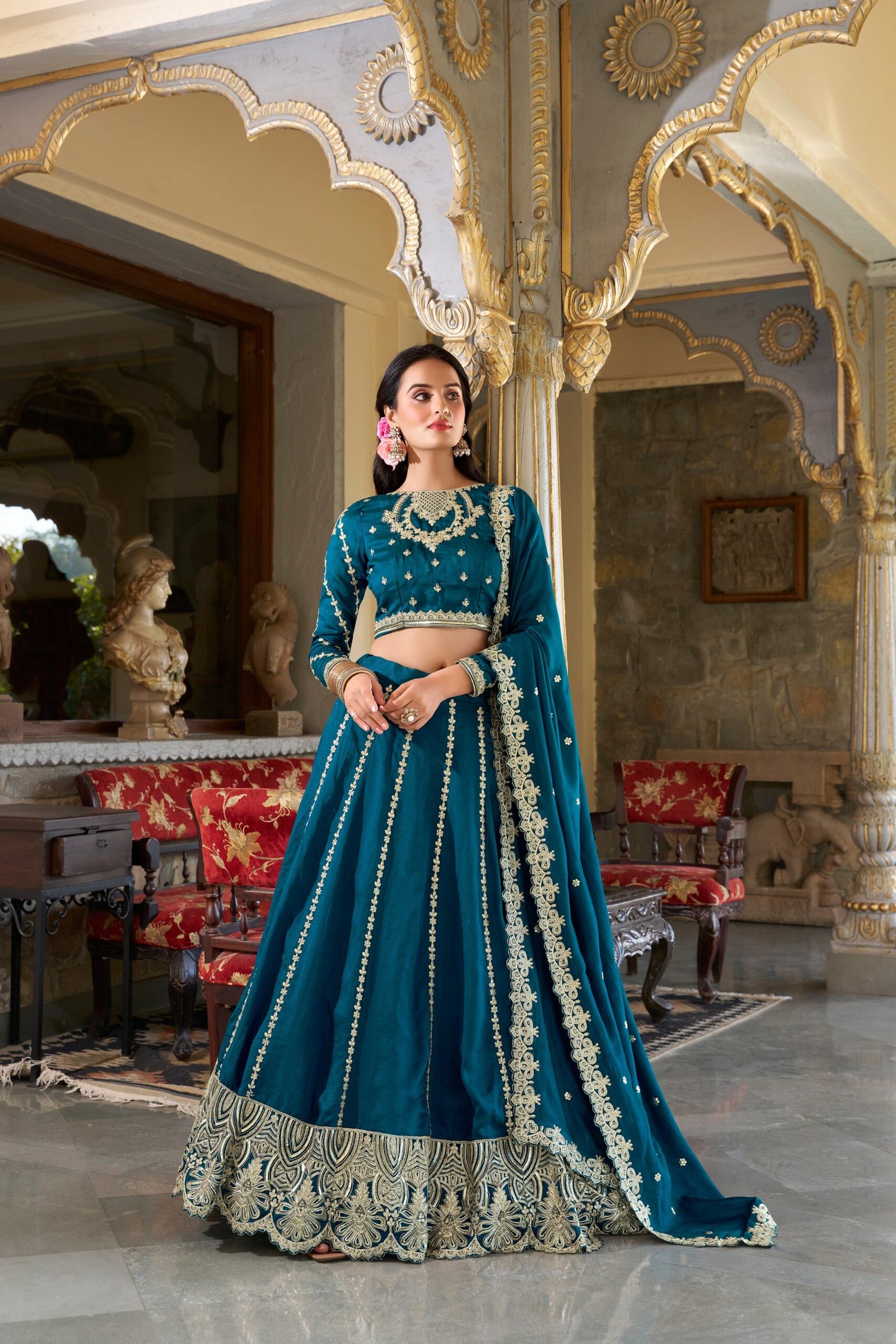 Doli - Vichitra Silk Sequins and Thread Embroidery Work Ferozi Lehenga Choli Set