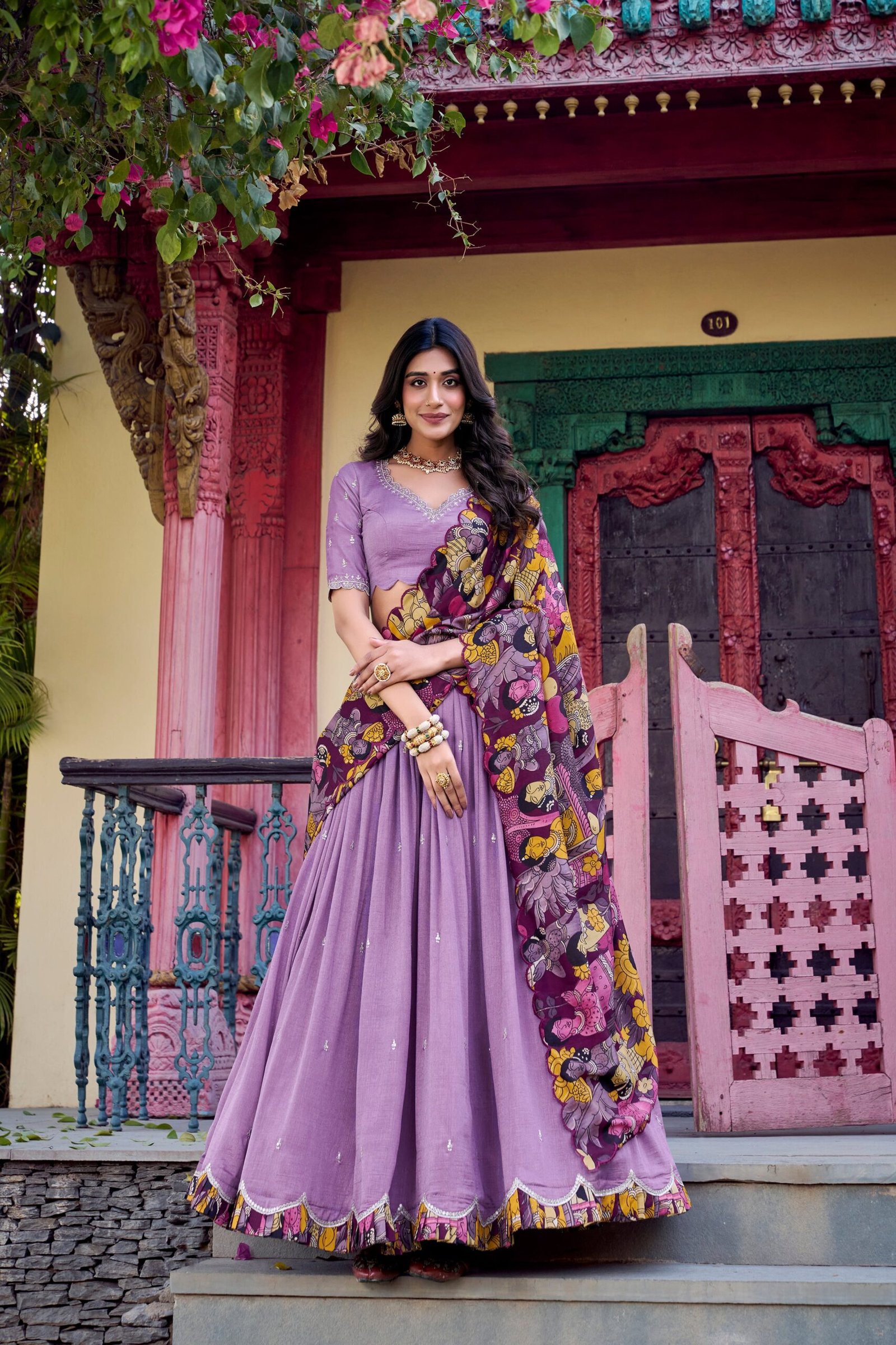 Doli - Vichitra Silk Sequins and Thread Embroidery Work with Kalamkari Print Border Lavender Lehenga Choli