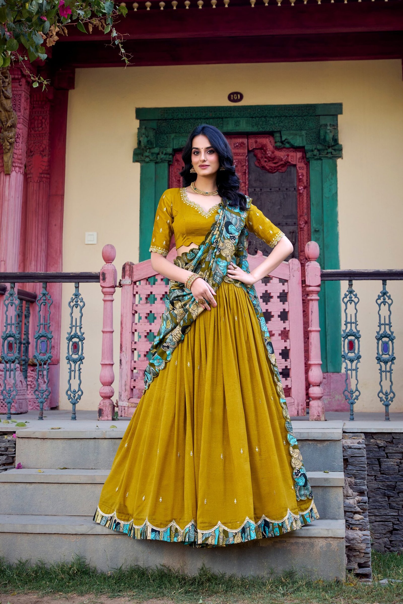 Doli - Vichitra Silk Sequins and Thread Embroidery Work with Kalamkari Print Border Mustard Lehenga Choli