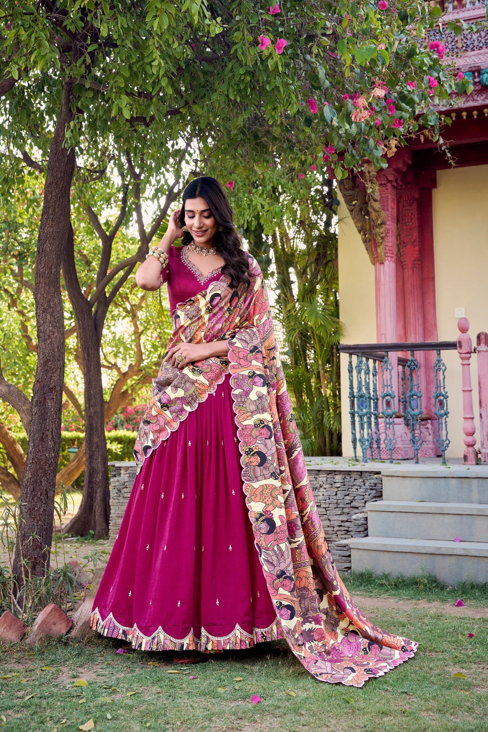 Doli - Vichitra Silk Sequins and Thread Embroidery Work with Kalamkari Print Border Pink Lehenga Choli