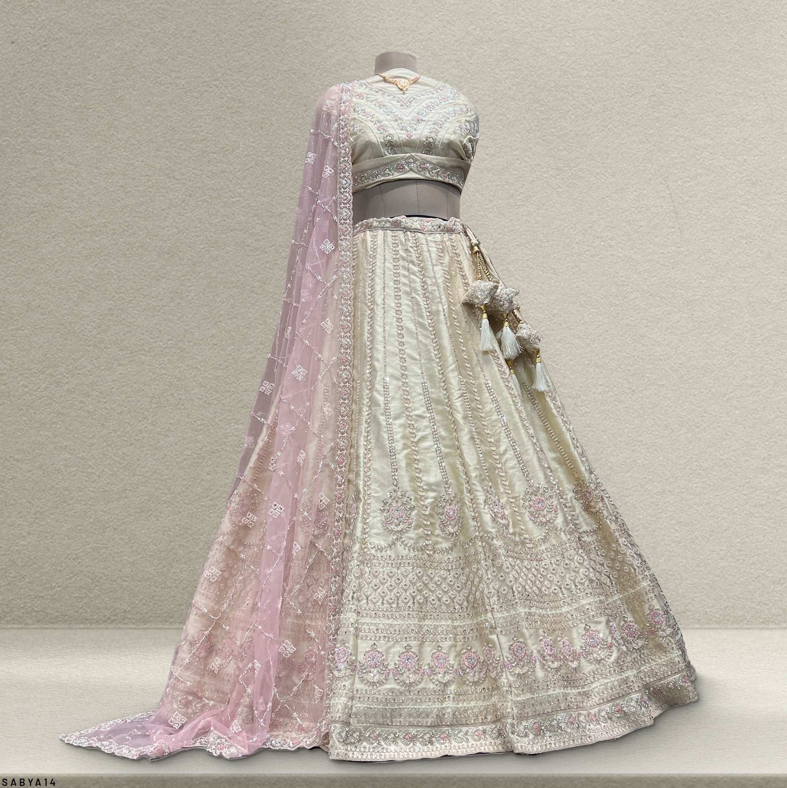 Rosé - Wedding Trousseau in Pastel Hues Ivory Silk Lehenga with Contrast Dupatta