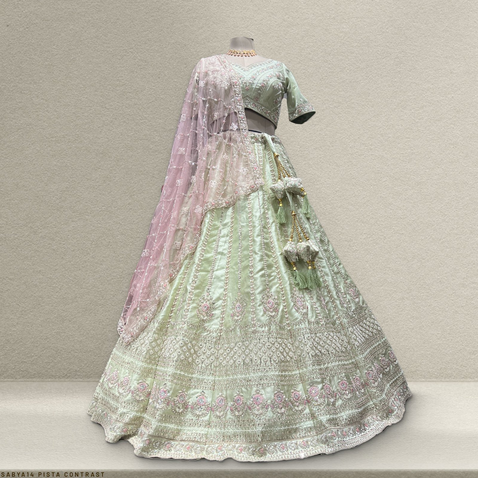 Rosé - Wedding Trousseau in Pastel Hues Pistachio Lehenga