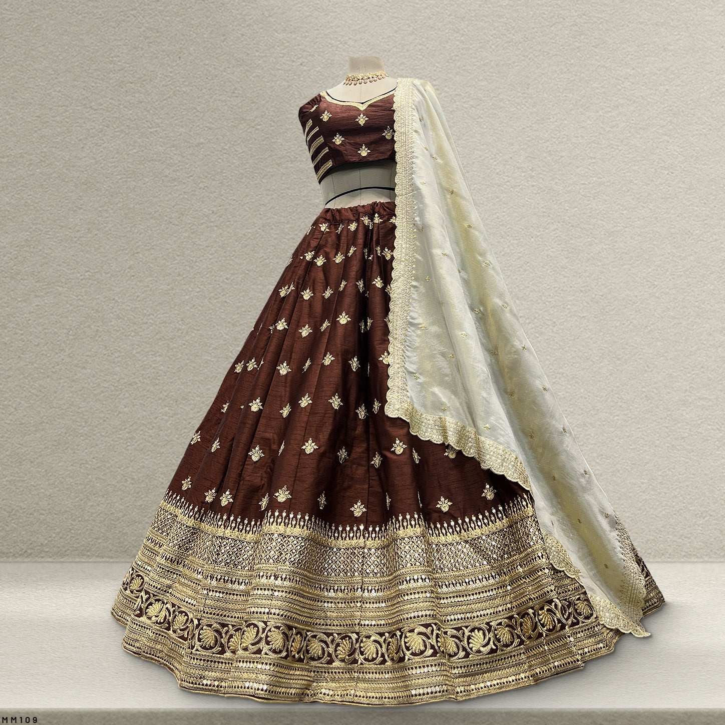 Royal Baggi - Raw Silk 20 Kali Flared Minimal Designer Lehenga - Mocha Mousse