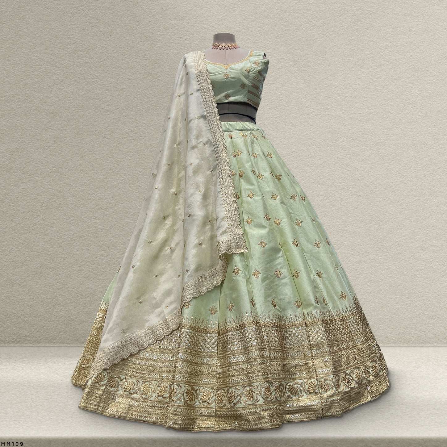 Royal Baggi - Raw Silk 20 Kali Flared Minimal Designer Lehenga - Pistachio Cream
