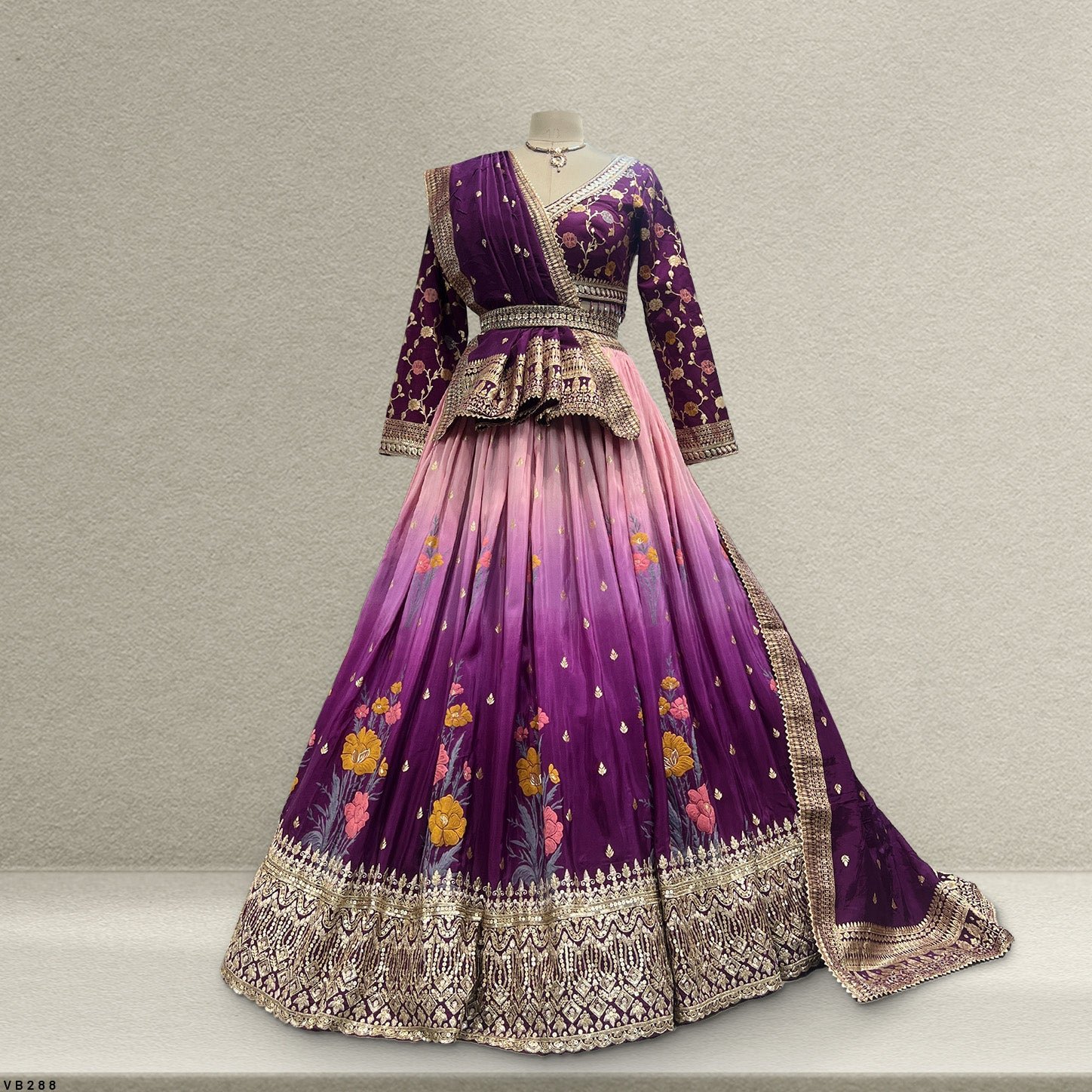 Shringaar: Position Print Silk Lehenga with Work Blouse Ready-To-Wear