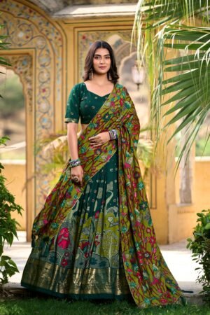 Doli - Kalamkari Print with Foil Work Border Green Lehenga Choli Set