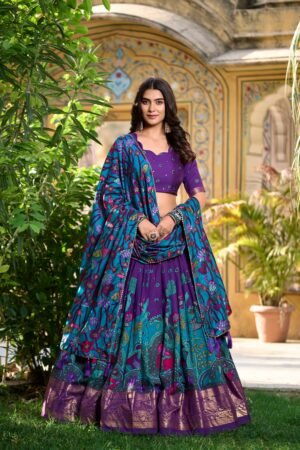 Doli - Kalamkari Print with Foil Work Border Purple Lehenga Choli Set