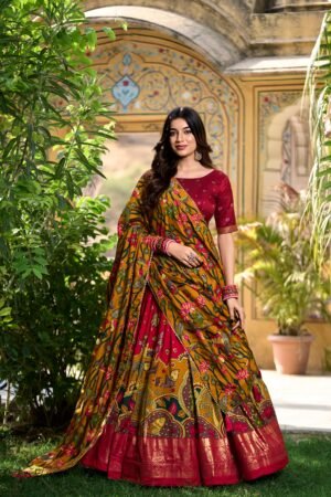 Doli - Kalamkari Print with Foil Work Border Red Lehenga Choli Set