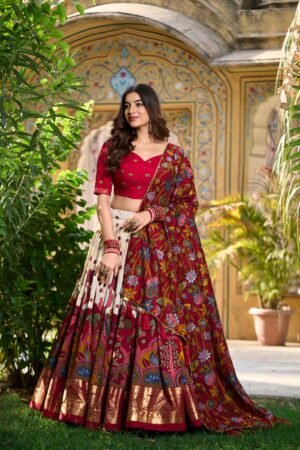 Doli - Kalamkari Print with Foil Work Border White Lehenga Choli Set