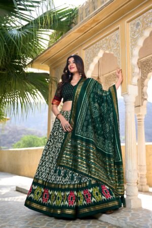 Doli - Tussar Silk Ikkat Print with Foil Work Green Lehenga Choli Set
