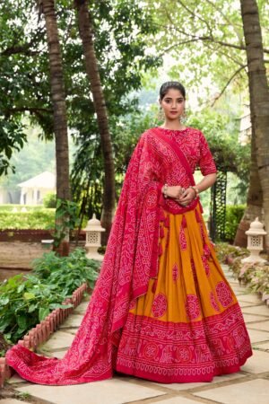 Doli - Tussar Silk Bandhej Print Mustard Lehenga Choli Set