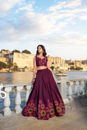 Doli - Tussar Silk Floral Print with Foil Work Wine Lehenga Choli Set