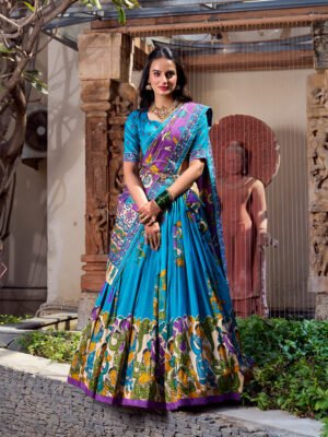 Doli - Tussar Silk Kalamkari with Foil Work Ferozi Lehenga Choli Set