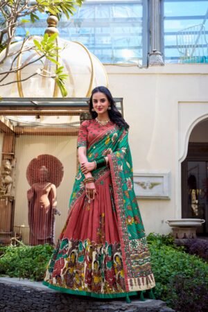 Doli - Tussar Silk Kalamkari with Foil Work Salmon Lehenga Choli Set